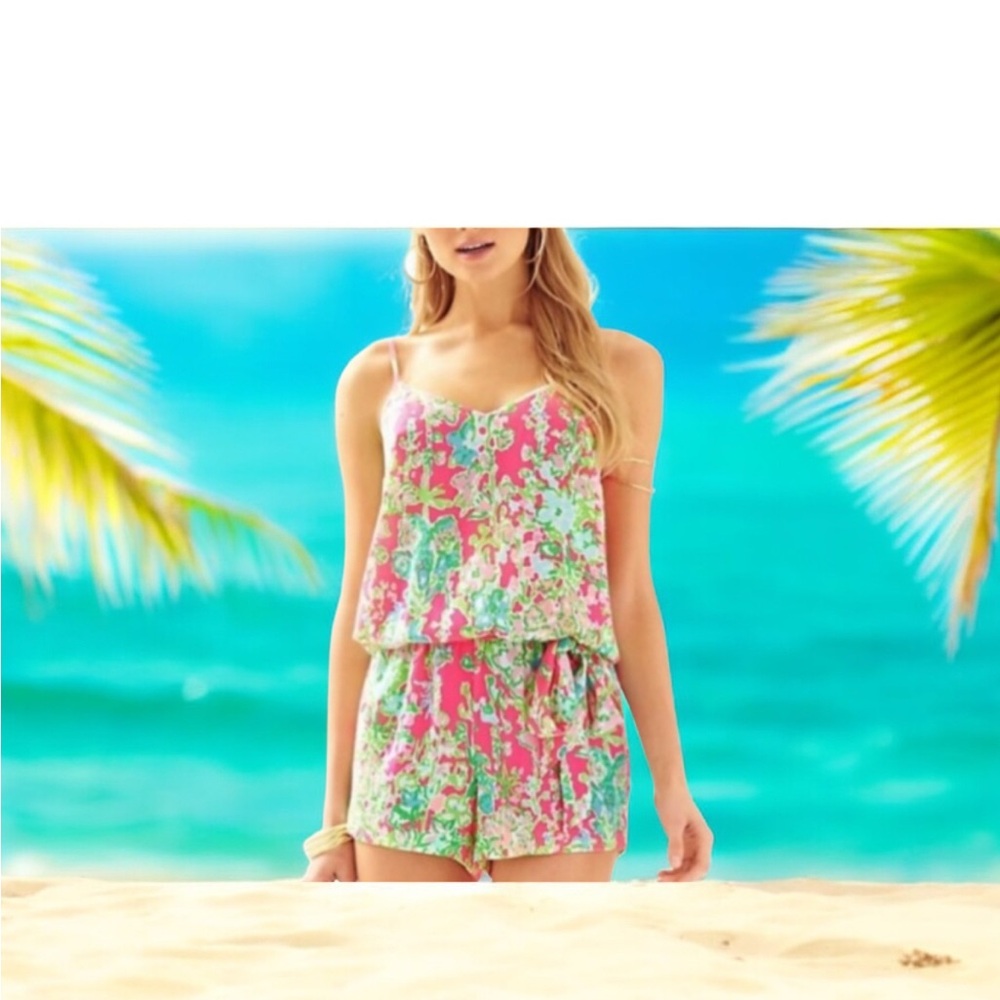 Lilly Pulitzer Pink and Green Tropical Jumpsuit romper
